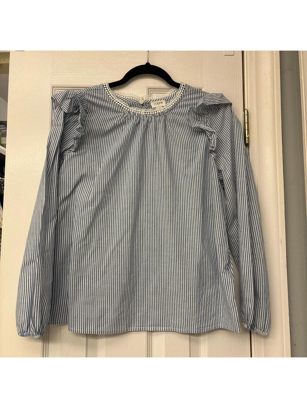 J. Crew Ruffle Shoulder Poplin Blue Striped Top Womens Size M. Work Casual